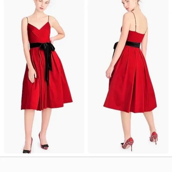 🎉HP🎉 J. Crew A-Line Holiday Red Spaghetti Strap Dress With Velvet Sash - 4 - Picture 1 of 15